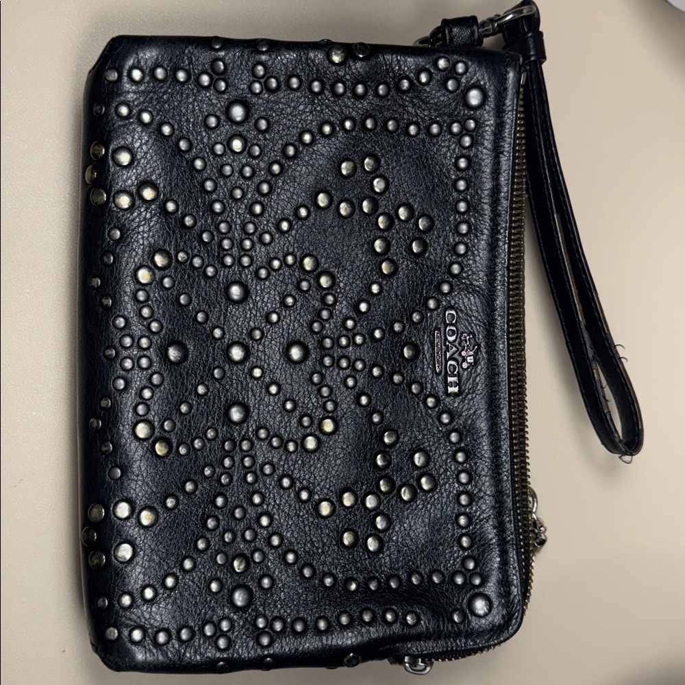 Coach Black Leather Wristlet with Studded Design